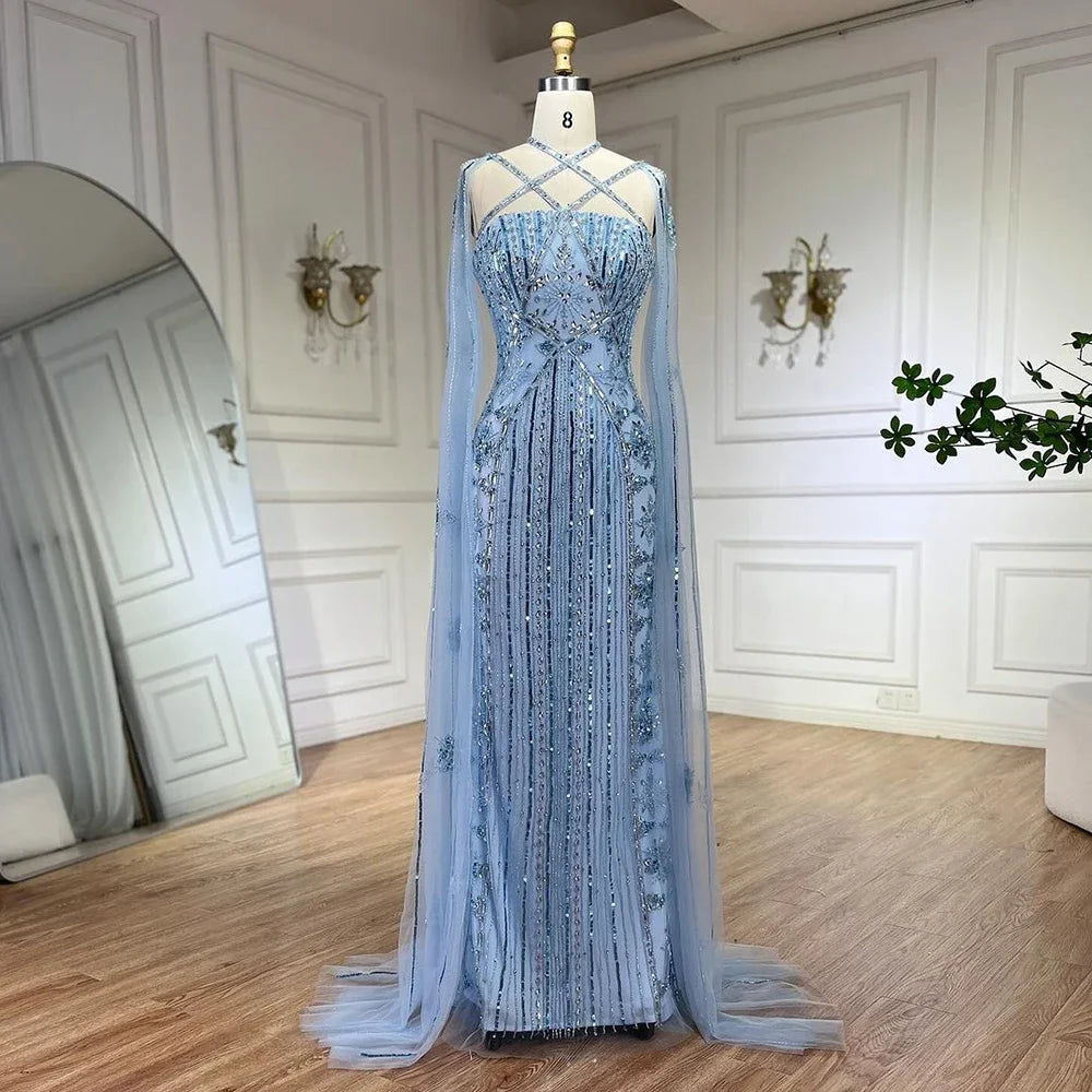 Arabic Luxury Dubai Mermaid Blue Cape Sleeves Beaded Evening Dresses Gowns 2025 For Party LA71905a Customized