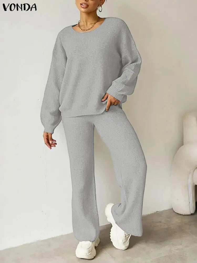 Plus Size 5XL VONDA Women Knitted Pant Sets 2025 Autumn Long Sleeve Sweater and Long Pants Suits Fashion Solid 2 Piece Outfits