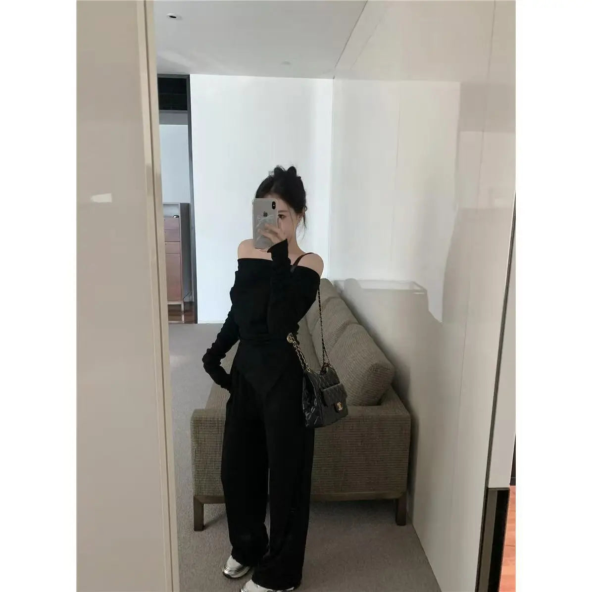 Elegant Two-Piece Set Women's Shoulder Bared Long Sleeve Top Wide Leg Pants Autumn Winter Fashion High Quality Polyester