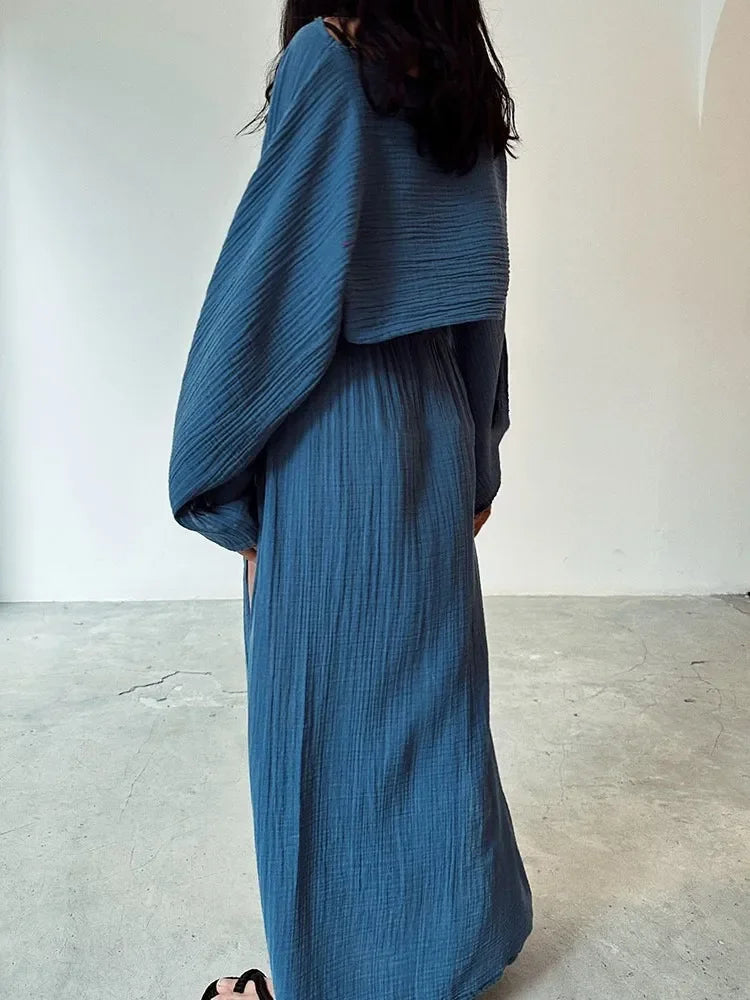 2 Pcs/Set Women Crop Top Skirt Sets Long Sleeve Top High Waist Split Skirts Suit Beach Bikini Coverup Lady Elegant Party Outfit