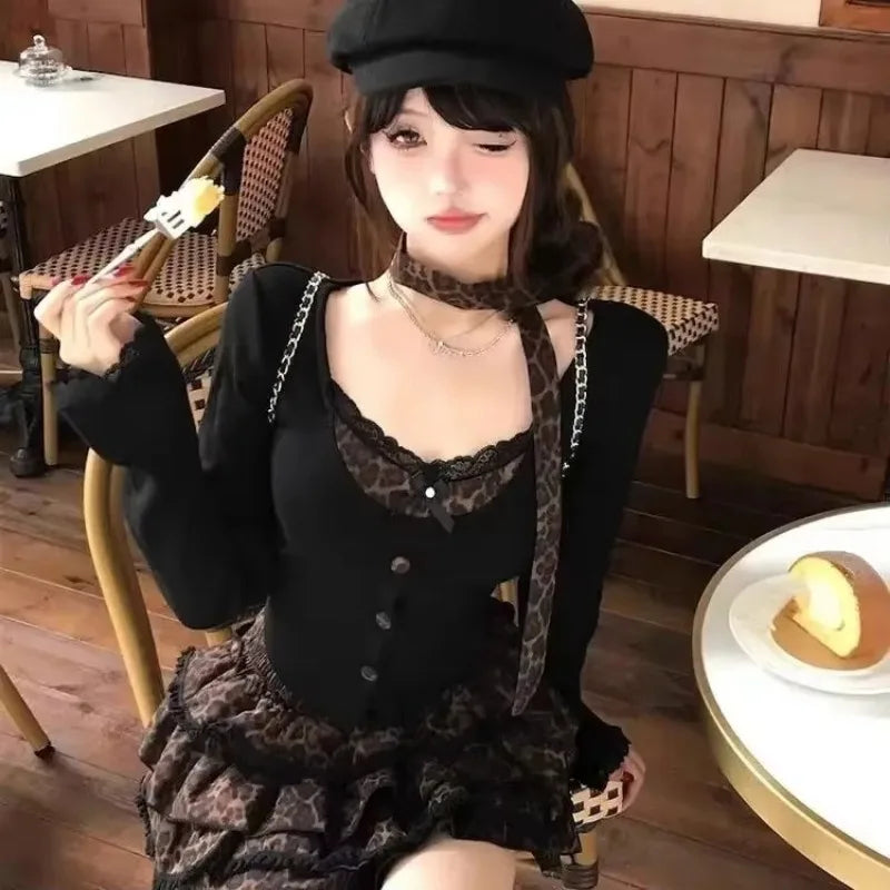 Y2k Sexy Retro Punk Set Women New Suit Scarf Long Sleeve Top High Waist Slimming Cake Skirts Two-piece Set