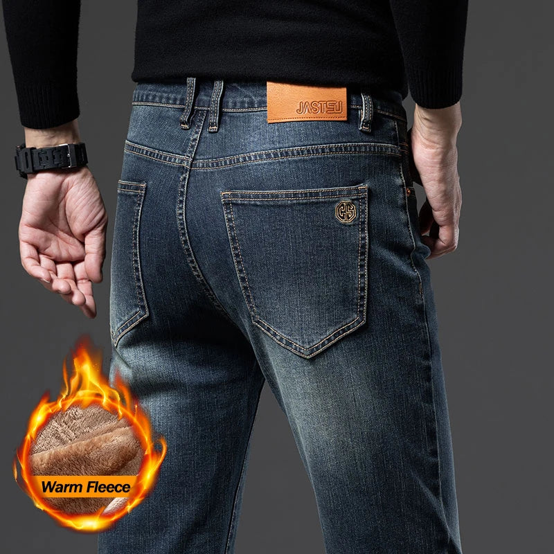 High Quality Brown Winter Jeans Men's Thickened Velvet Warm Elastic Straight Denim Pants Fashion Vintage Korean Plush Trousers