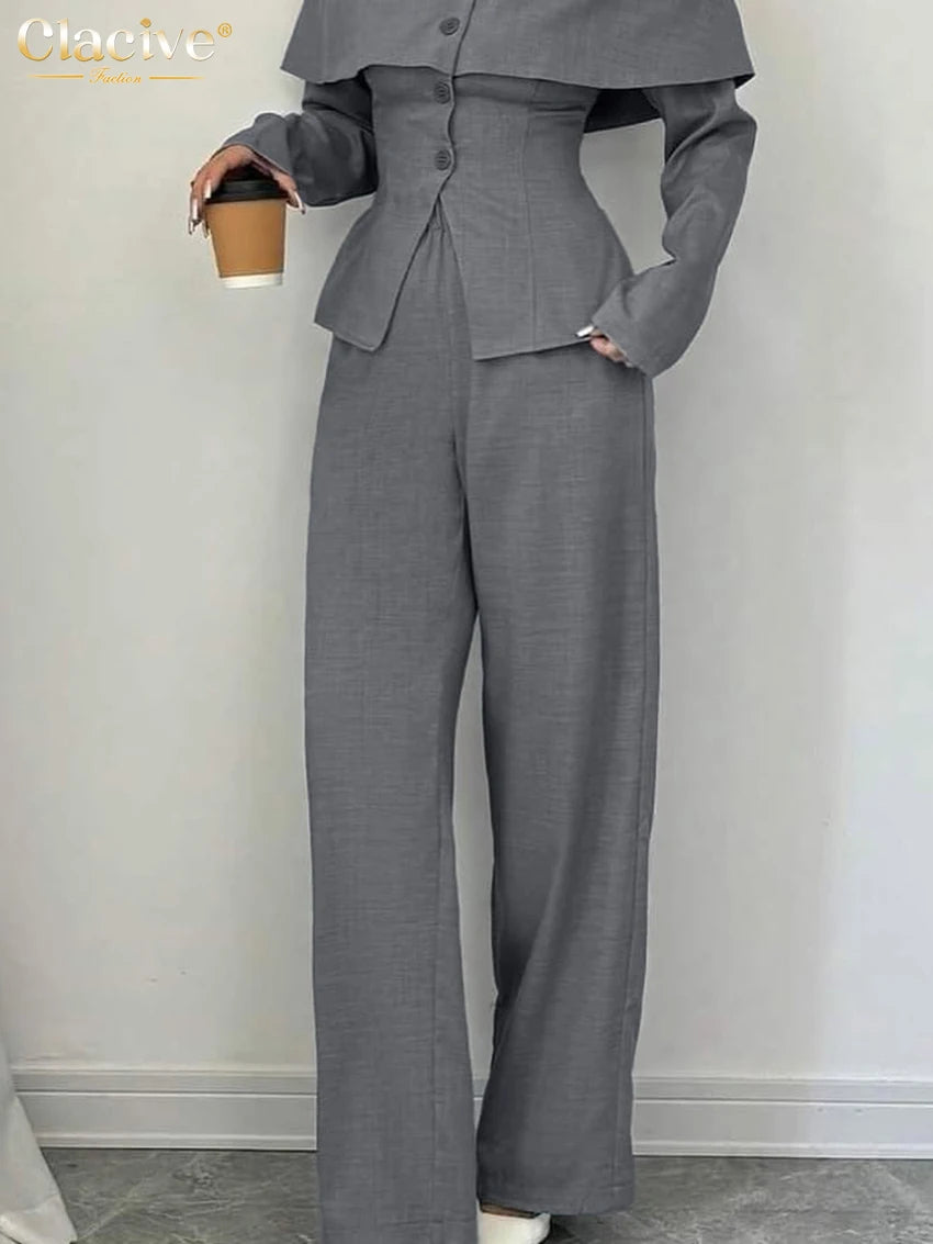 Clacive Fashion Loose Gray 2 Pieces Set For Woman 2026 Elegant Long Sleeve Shirt With High Waist Wide Pants Set Female Clothing