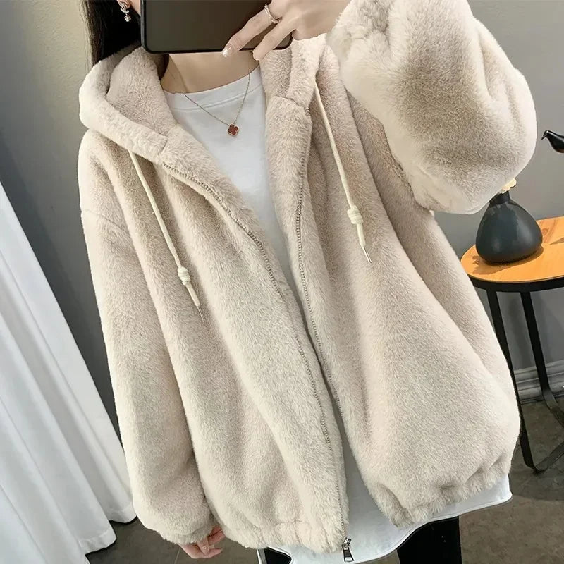 Double-Sided Long Plush Jacket Women's Loose Thickened Warm Coat with Hood V-Neck Chinese Brand Female Outerwear Coat