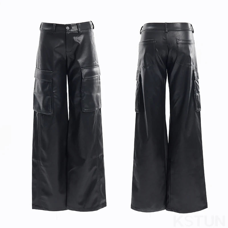 Women Low Waist Cargo Pants Vintage Boyfriend Style Casual Hip Hop Blast Street Pants Wide Leg Trendy Punk Leather Trousers