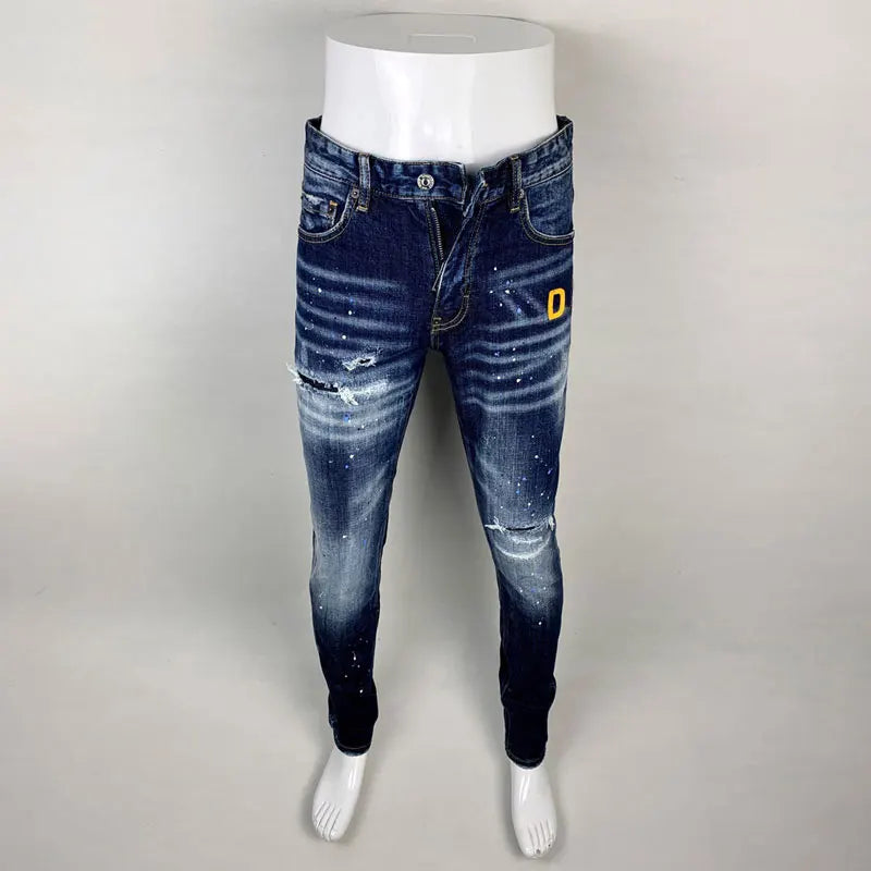 Street Fashion Men Jeans High Quality Retro Blue Elastic Slim Fit Ripped Jeans Men Embroidery Designer Denim Brand Pants Hombre