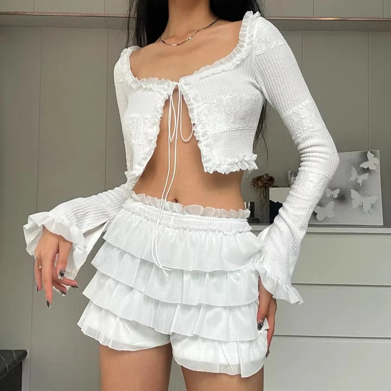 FZCSPEED Women's Sexy Mini Skirt Two-piece Set Strappy Cardigan Top Ruffle Layered Mini Skirt White