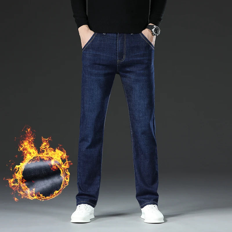 Winter Warm Fleece Jeans Men's Thick Thermal Casual Straight Denim Pants Male Business Work Stretch Trousers New Clothing