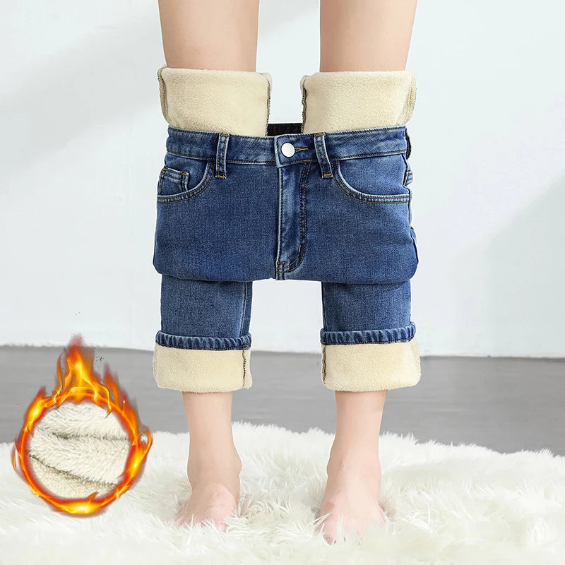 Women's Winter Fleece Warm Jeans Retro Elastic Thickened Comfortable Straight Fashion Korean Casual Female Velvet Denim Pants