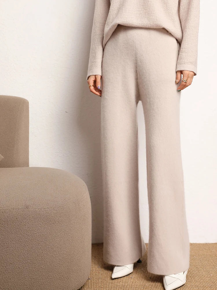 New Chic Women's 100% Cashmere Pants Autumn Winter Wide Leg Pants Simple Style Office Lady Cashmere knitted Trousers Thick Pants