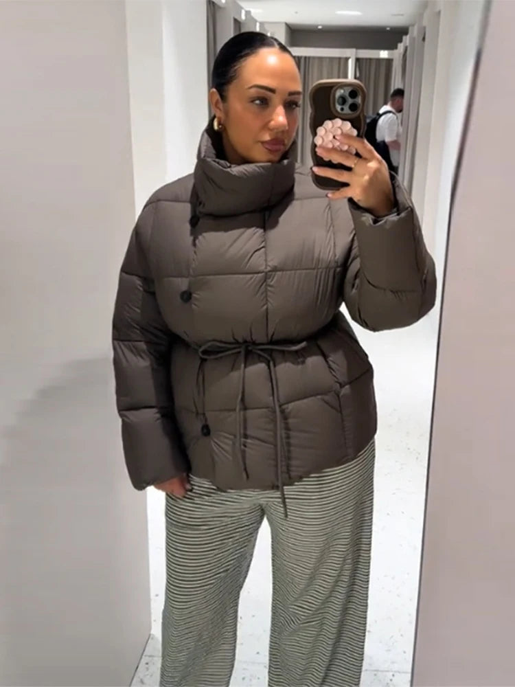 Buttoned Tie-Waist Stand Collar Puffer Jacket Solid  Long Sleeve 2025 Winter Cozy Warm Women Outerwear Chic Casual Lady Coat