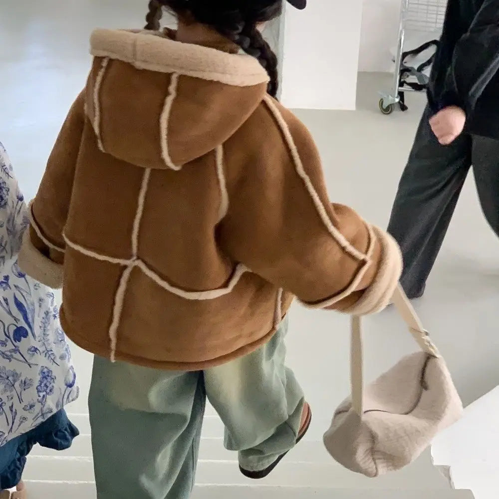 2025 Girls Sherpa-Lined Jacket Winter Fleece-Lined Korean Fashion Casual Hooded Coat with Faux Fur Trim Kids Outerwear