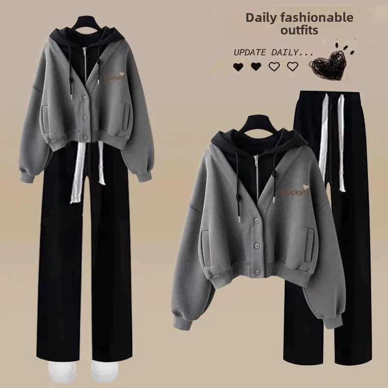 Spring Autumn Loose-Fit Two-Piece Illusion Hooded Sweatshirt Straight-Leg Bell Bottoms Casual Suit Set Chinese Style