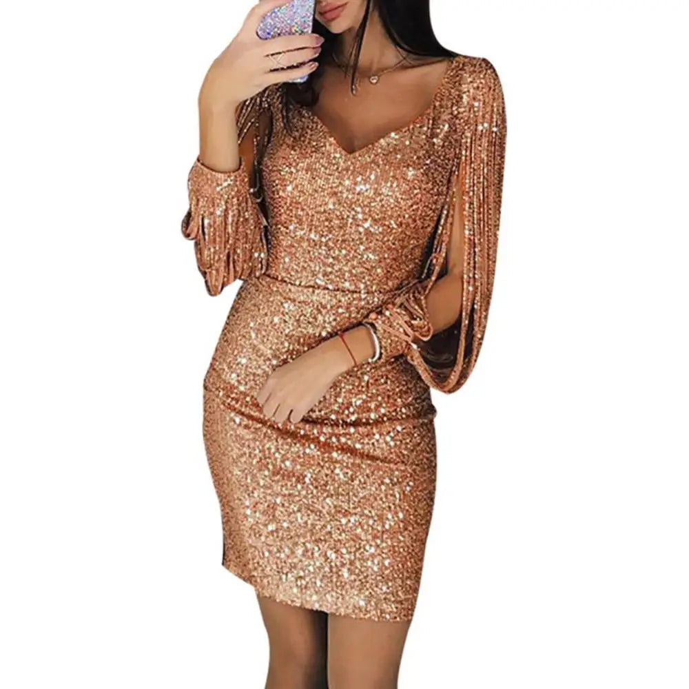 Women Mini Dress Glitter V Neck Hollow Out Tassel Long Sleeve Bodycon Gown Sexy Hip High Waist Dress Women Elegant Party dress