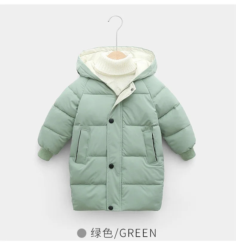 2 3 4 5 6 8 10 Years Girls Jacket Winter Long Style Solid Color Thick Keep Warm Hooded Outerwear For Boys Down Cotton Snowsuit