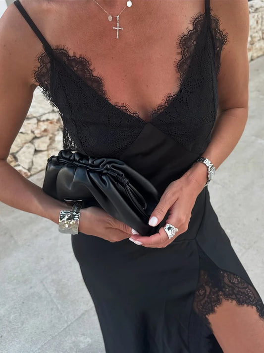 Lace Splice Slit Dress For Women Sleeveless Maxi Spaghetti Strap Sexy Dresses Satin Vacation Party Bodyocn Dress Vestidos