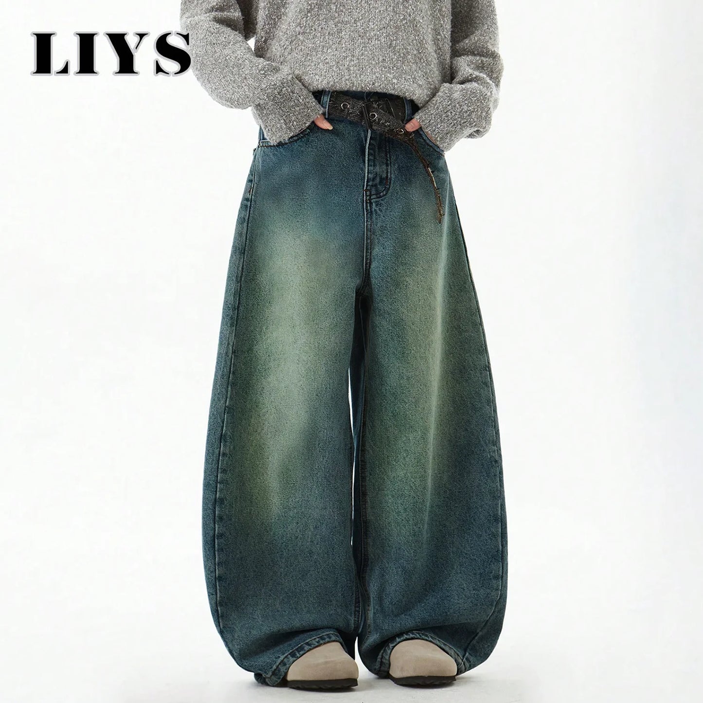 Men's Wear Blue Wide-Leg Denim Pants Baggy Jeans Vintage Three-Dimensional Cut Curved Knife Jeans Loose Fit Summer New Trend