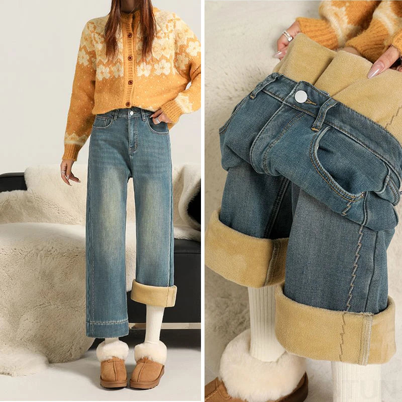 KSTUN Winter Women's Fleece Jeans Embroidered Ankle-length Pants Stretch Straight Cut Thick Trousers Lady Wide Leg Warm Vintage