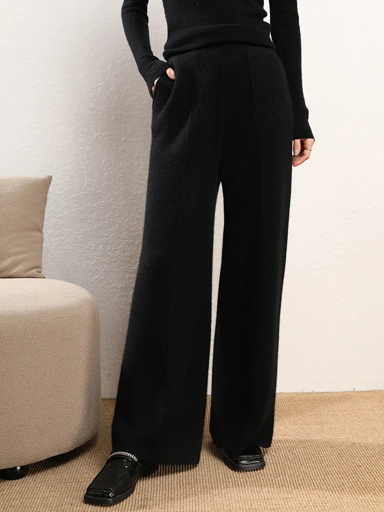 New Chic Women's 100% Cashmere Pants Autumn Winter Wide Leg Pants Simple Style Office Lady Cashmere knitted Trousers Thick Pants