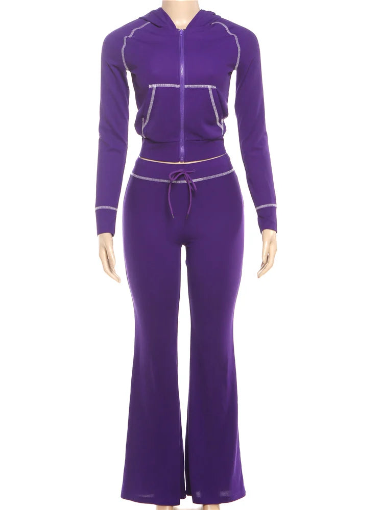 Weird Puss Hooded Tracksuits 2-Piece Set Women Zip Pocket Jacket+Drawstring Flare Pants Casual Sporty Simple Stretch Slim Outfit