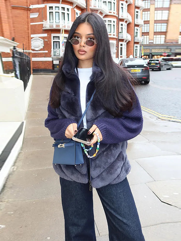 Street Women's Jacket Stand Collar Full Sleeve Faux Fur Solid Zipper Female Jackets 2025 Autumn Fashion Chic Cozy Lady Outwears