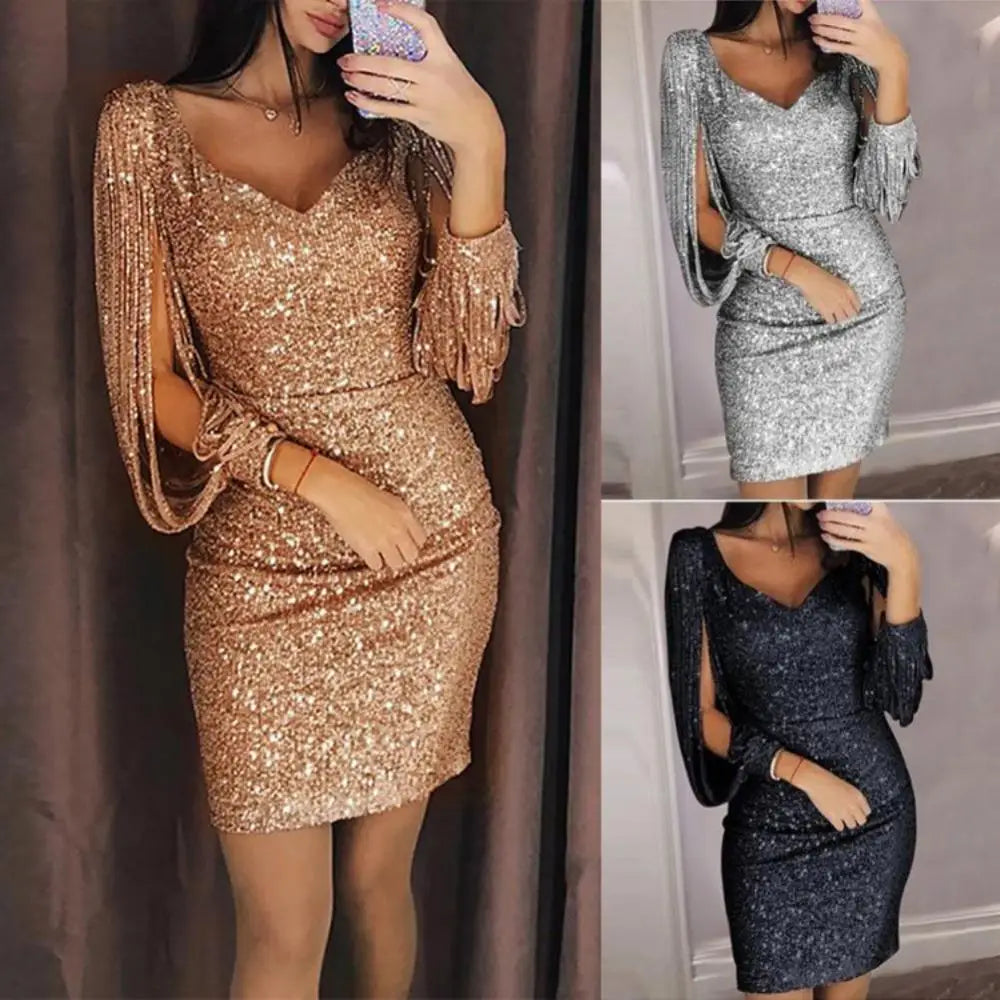 Women Mini Dress Glitter V Neck Hollow Out Tassel Long Sleeve Bodycon Gown Sexy Hip High Waist Dress Women Elegant Party dress