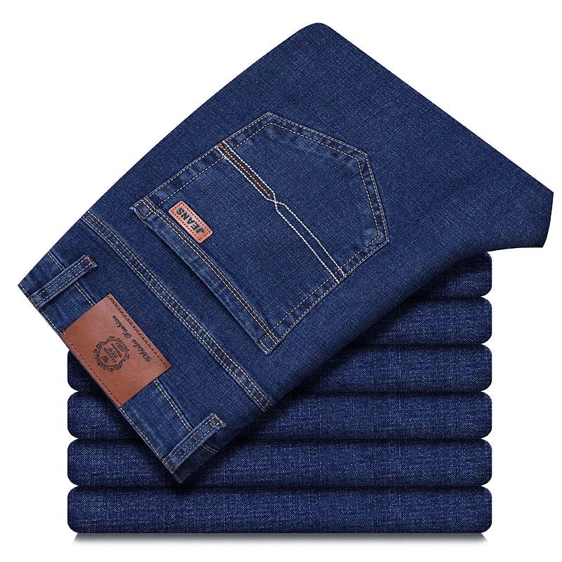 Wthinlee New Business Men's Jeans fleece Casual Straight Stretch Fashion Classic Blue Black Work Denim Trousers Male  Clothing