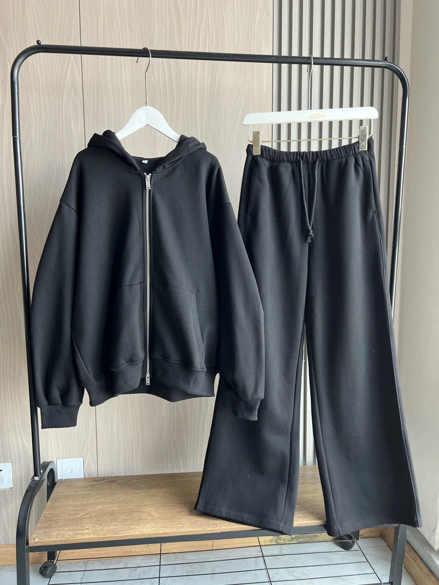 ETJ 2025 Fall/Winter new  women's casual sports oversized zipper hoodie wide leg mop sweatpants set 4174842