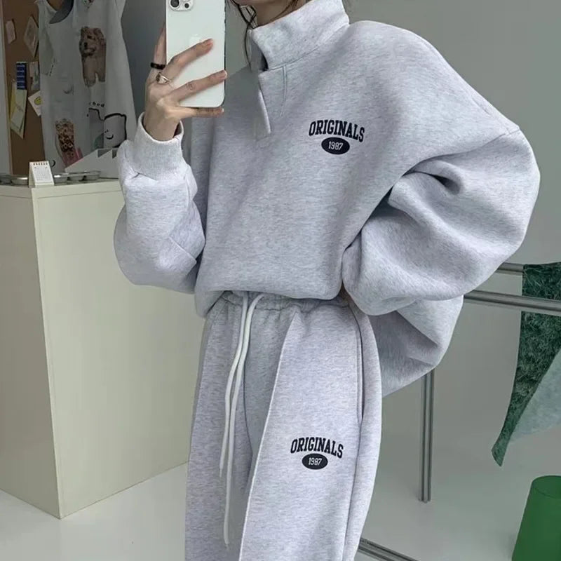 Women's Fleece Lined Hoodie And Pants Set Casual Sportswear For Running Autumn Winter New Fashion Street Style Two Piece Outfit