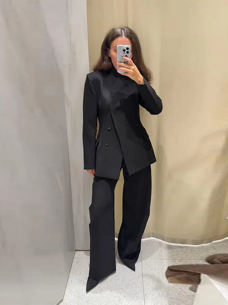 Classic Suit Jacket Long Pant Set Women Vintage Waist-cinching Jackets Straight Pants Sets Female Autumn Chic Street Outfits