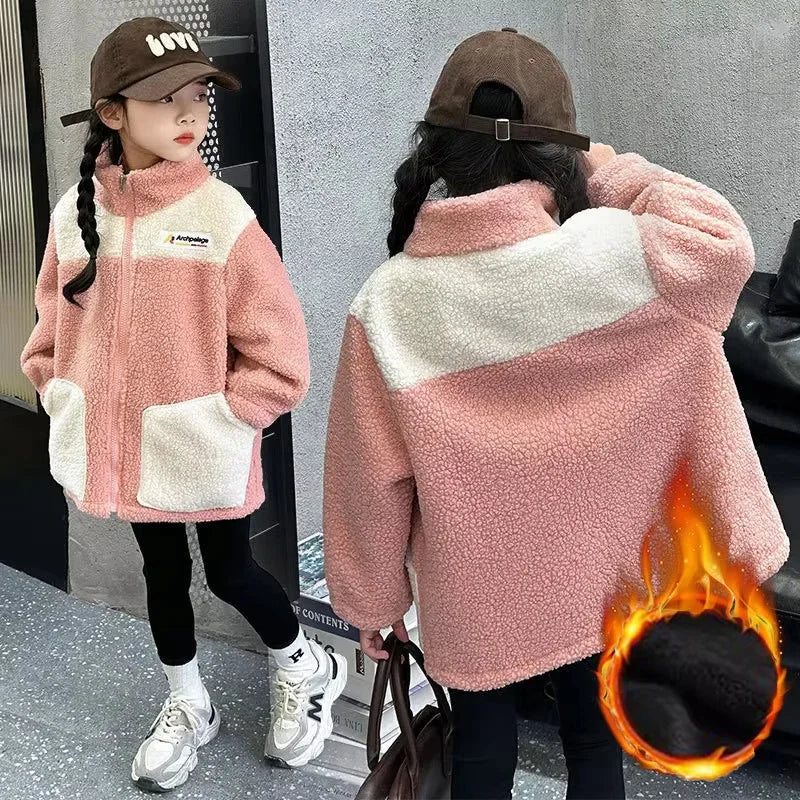 Plush Velvet Girls Jackets Plaid Kids Thickened Winter Coats Lamb Fur Turn-down Collar Outerwear Children Fleece-lined Clothes