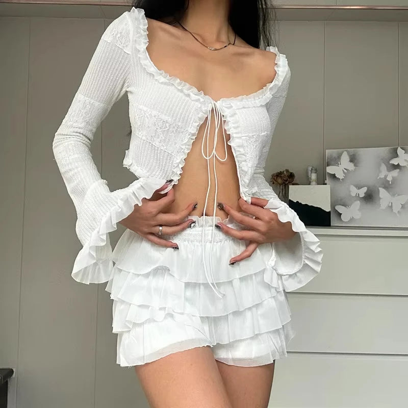 FZCSPEED Women's Sexy Mini Skirt Two-piece Set Strappy Cardigan Top Ruffle Layered Mini Skirt White