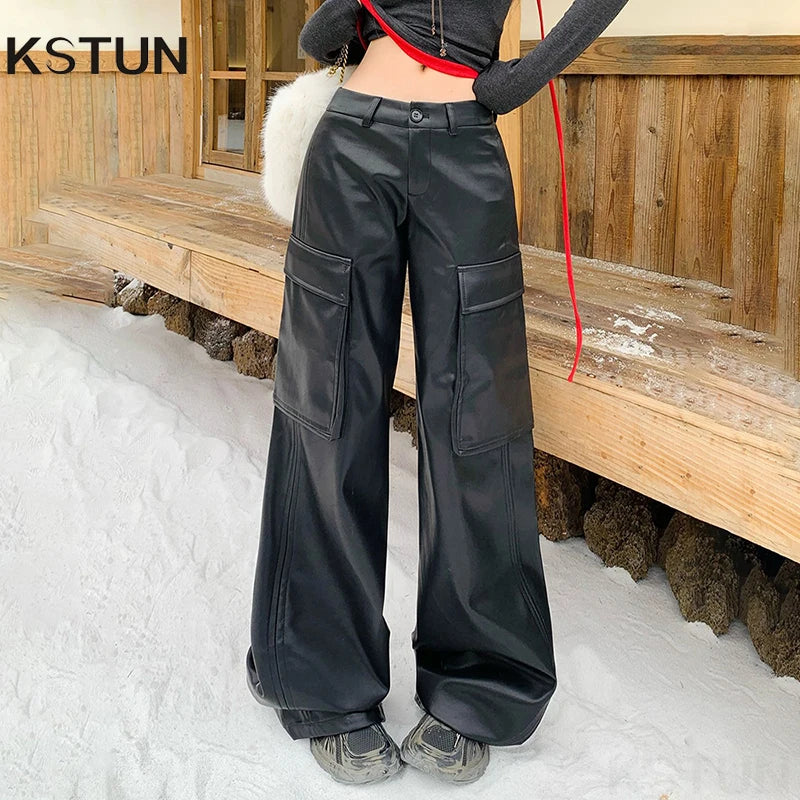 Women Low Waist Cargo Pants Vintage Boyfriend Style Casual Hip Hop Blast Street Pants Wide Leg Trendy Punk Leather Trousers