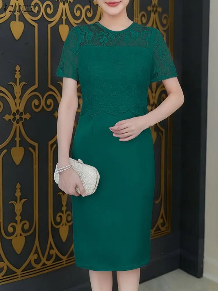 2025 ZANZEA Summer Lace Patchwork Dresses Elegant Stylish Party Dress Women Short Sleeve Slim Fit Sundress Solid Satin Midi Robe
