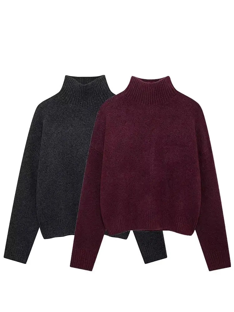 HH Women Vintage Burgundy Turtleneck Sweater Casual Long Sleeve Knitted Pullover Autumn Winter Women Solid Warm Knitwear