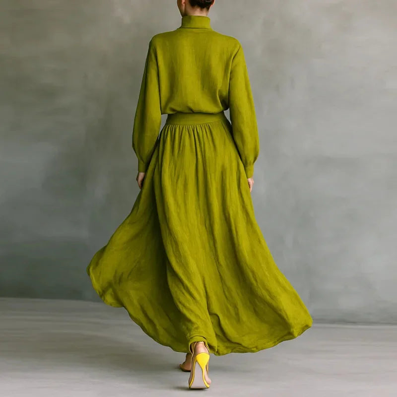 Autumn Long Sleeve Turtleneck Top Pullover+Maxi Skirts 2 Pieces Sets Retro Solid Cotton Linen Pleated Suit Fashion Woman Outfits