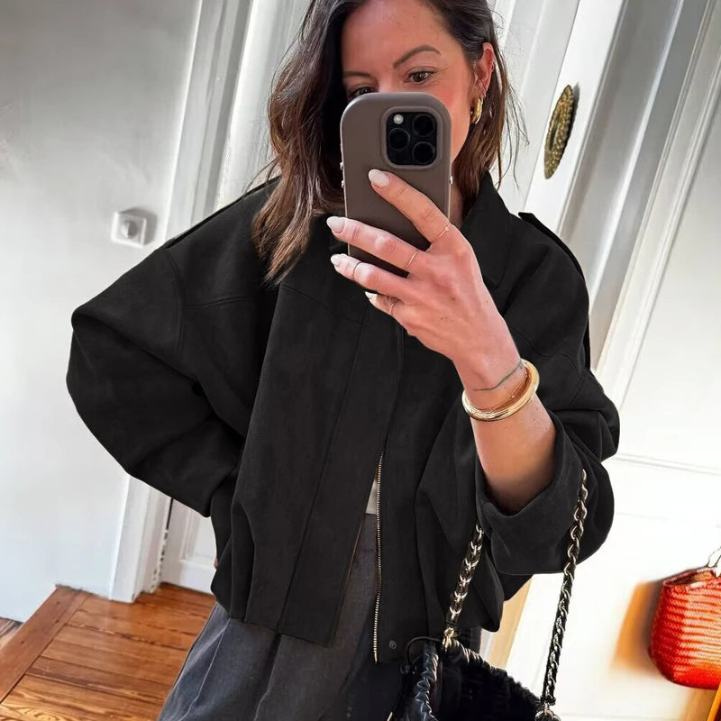 HXAO Women's Cropped Bomber Jackets Long Sleeve Red New In Coats And Jackets Demi-Season Suede Jacket Woman Zip Loose Outerwear