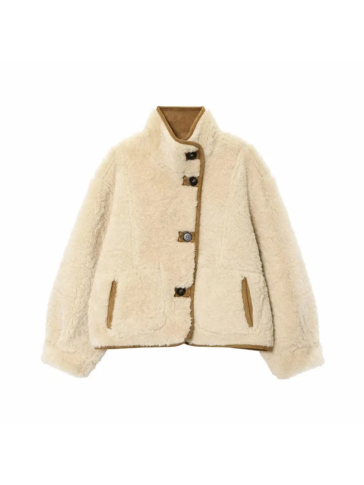 Women 2025 Double-Sided Wear Lamb Velvet Coat Women's Fashion Stand Collar Single Breasted Pocket Short Jacket Lady Outerwear