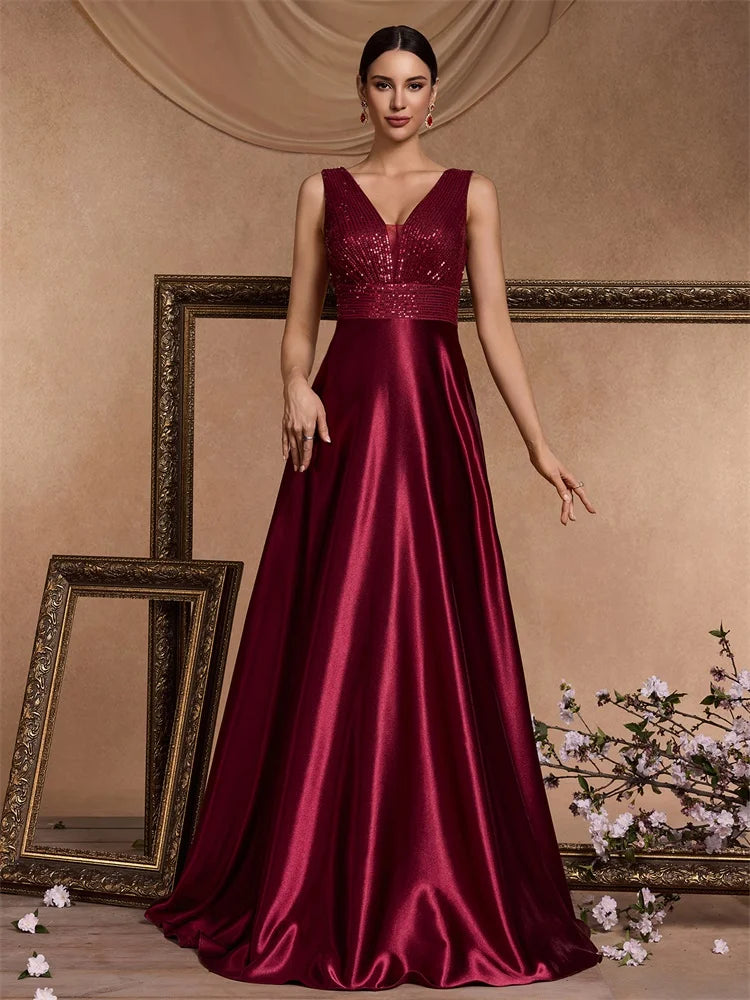 Lucyinlove Elegant Sequins Evening Dresses Luxury Women Deep V-neck Satin Prom Party Floor Length Formal Cocktail Gowns