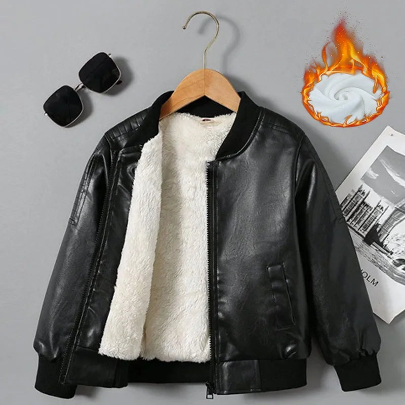 Boys Plus Velvet Thick Leather Jackets Kids Girls Autumn Winter Coat Fashion Clothing Children's Warm PU Leather Outerwear 2-14Y