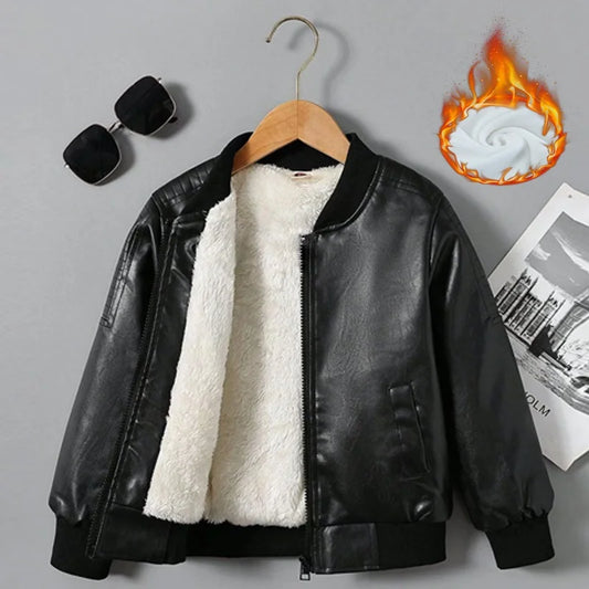 Boys Plus Velvet Thick Leather Jackets Kids Girls Autumn Winter Coat Fashion Clothing Children's Warm PU Leather Outerwear 2-14Y