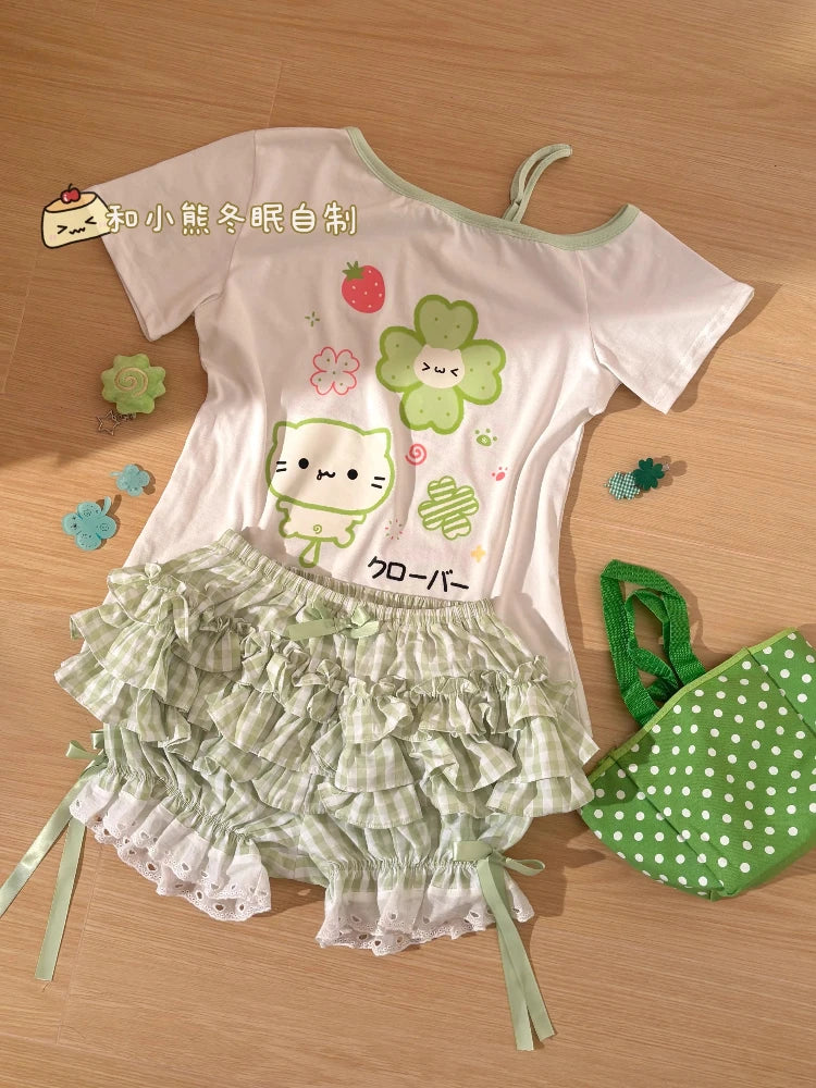 Japanese Kawaii Off Shoulder Tops+Plaid Skirt Set Women Cute Clover Print Tee and Lace Trim Mini Skirt Soft Girl Summer Outfit