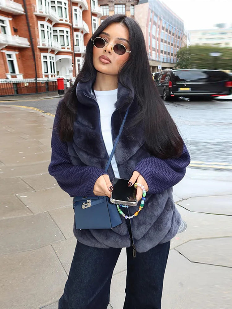 Street Women's Jacket Stand Collar Full Sleeve Faux Fur Solid Zipper Female Jackets 2025 Autumn Fashion Chic Cozy Lady Outwears