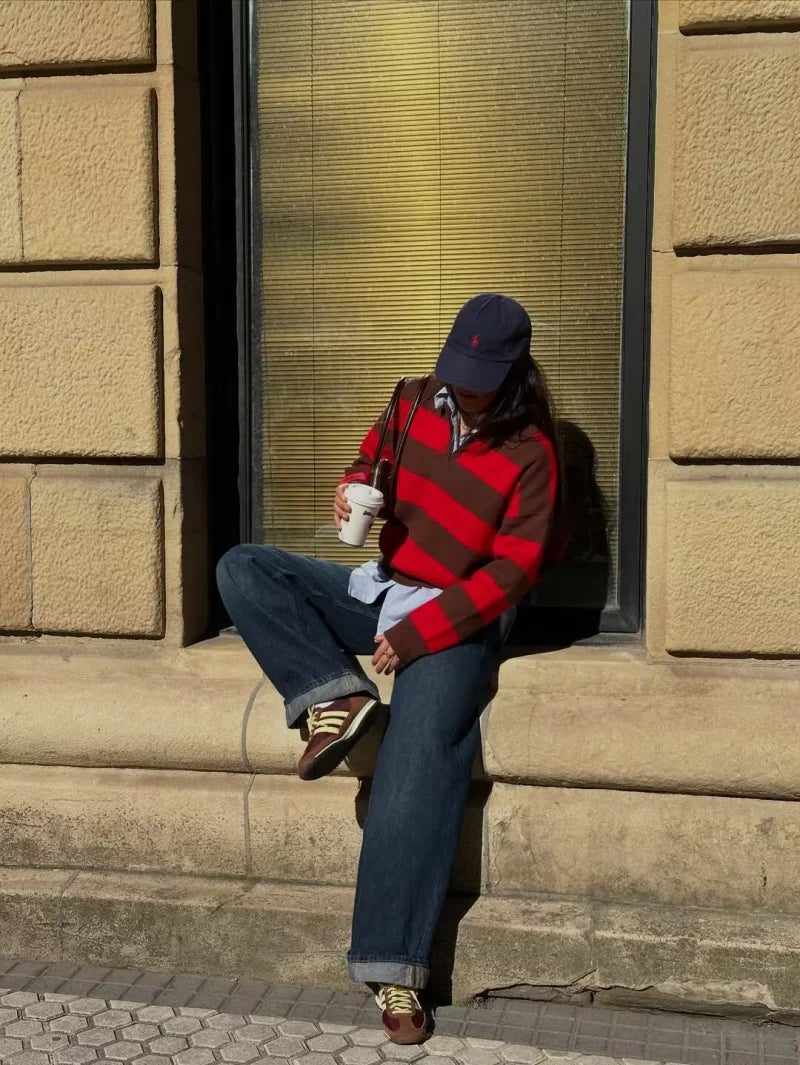 ETJ 2025 Autumn women's new line street style fashion yellow wide stripe polo neck loose version of long-sleeved sweater