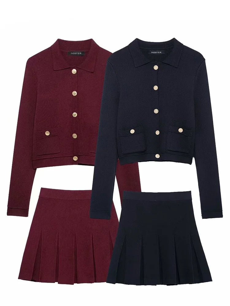 HH Elegant Women Knitted Jacket Skirt Suits 2025 Long Sleeve Pocket Cardigan Coat+Chic Mini Skirts Womens Knittwear Sets