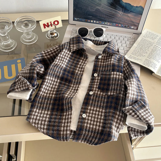 2025 New Autumn Kids Plaid Shirt Long Sleeve Retro Lapel Cardigan Jacket Casual Tops Fashion Outerwear for Boys and Girls