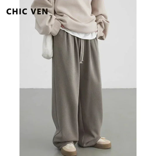 CHIC VEN Women's Pant Streetwear Solid Loose New Drawstring Sports Casual Trousers High Waisted Pants Autumn Winter 2025