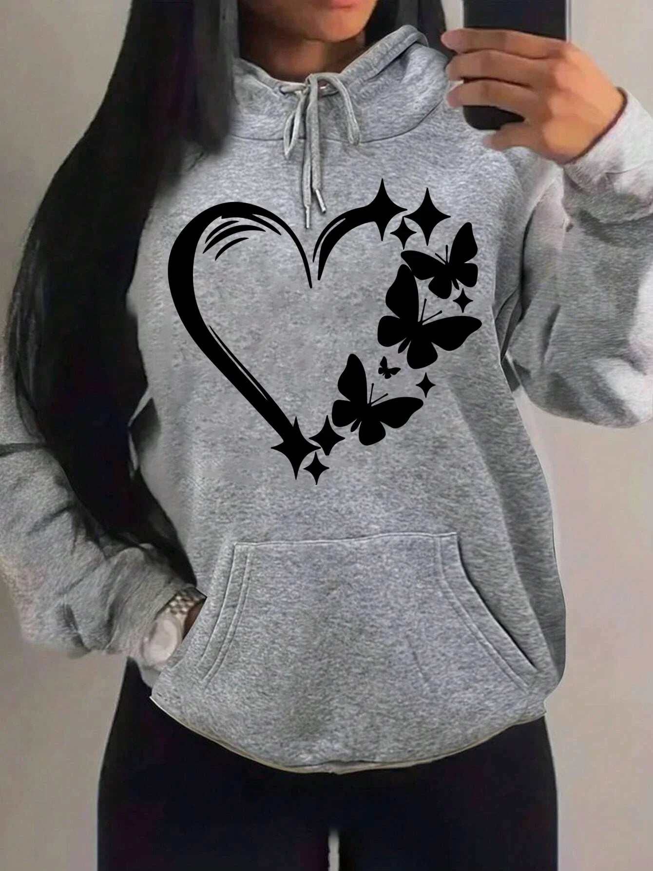 Women's Love and Butterfly Pattern Hoodie Hip Hop Street Fashion Pocket Clothes Retro Multi Color Hoodie