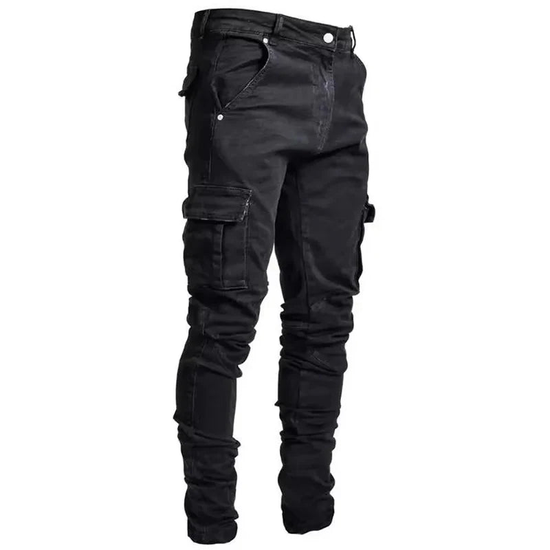 Men Street Elastic Denim Jeans Wash Solid Color Multi Pockets Cargo Pants Casual Slim Fit Daily Wear Joggers Mid Waist Trousers