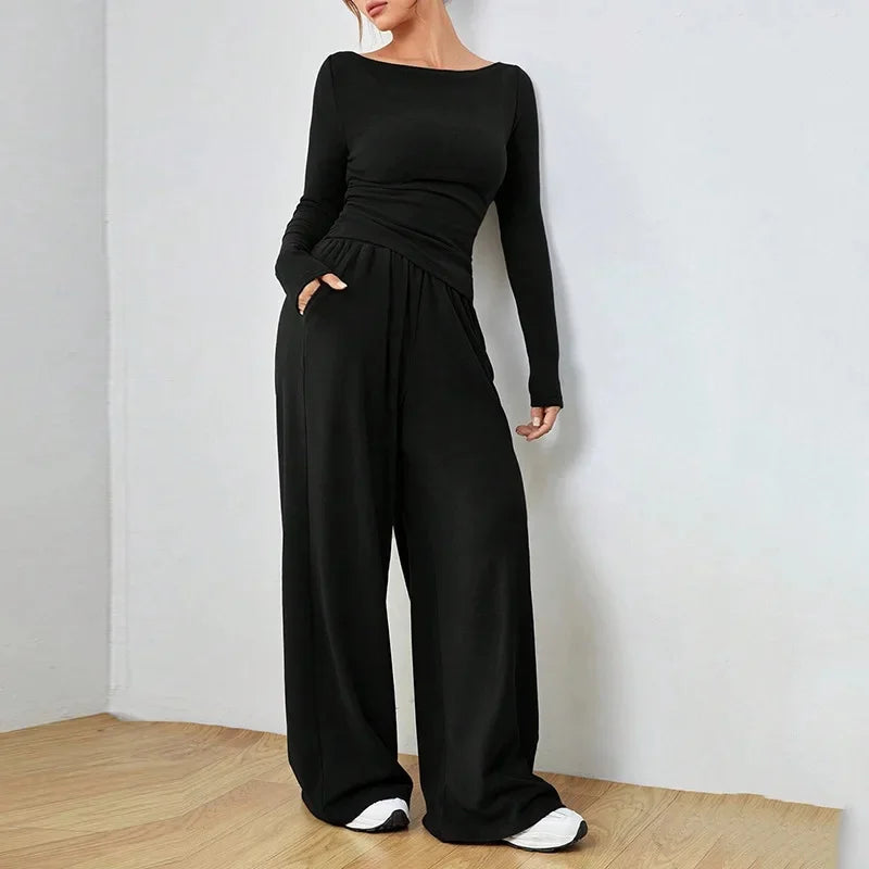 Women's Loose Wide Leg Pants Set Two Pieces Soft Style Irregular Fashion Set Polyester Fiber from Mainland China